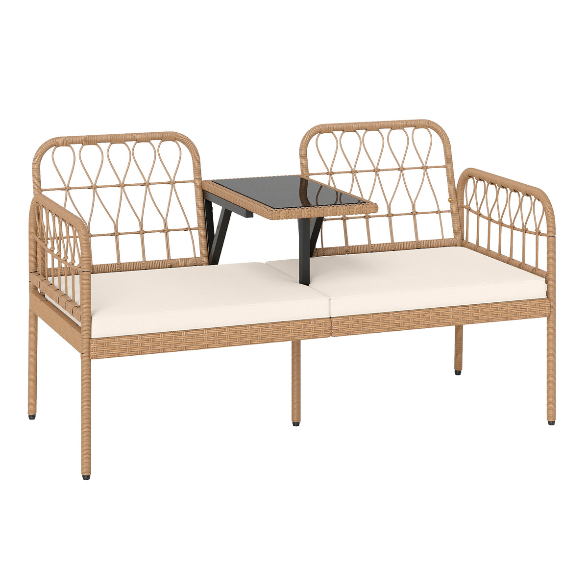 2-Seat PE Rattan Outdoor Loveseat with Built-in Coffee Table and Soft Cushions, White Outdoor Benches at Gallery Canada