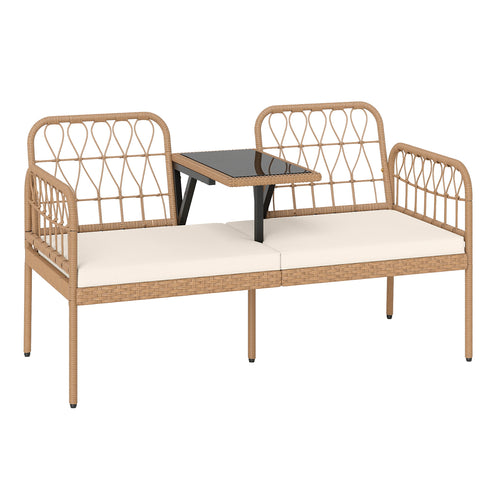 2-Seat PE Rattan Outdoor Loveseat with Built-in Coffee Table and Soft Cushions, White