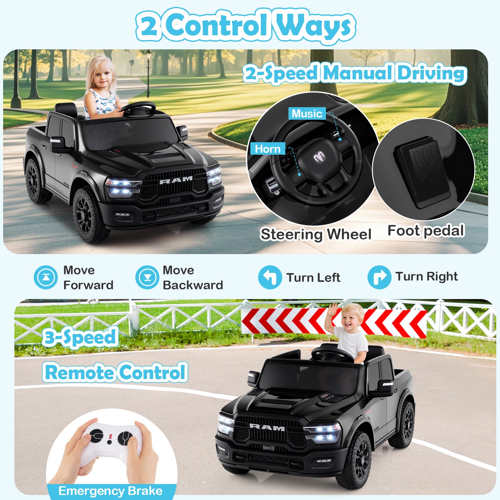 2 Seater 24V Ride On Toy, Licensed Ram Truck, Remote Music, Black Powered Ride On Toys at Gallery Canada