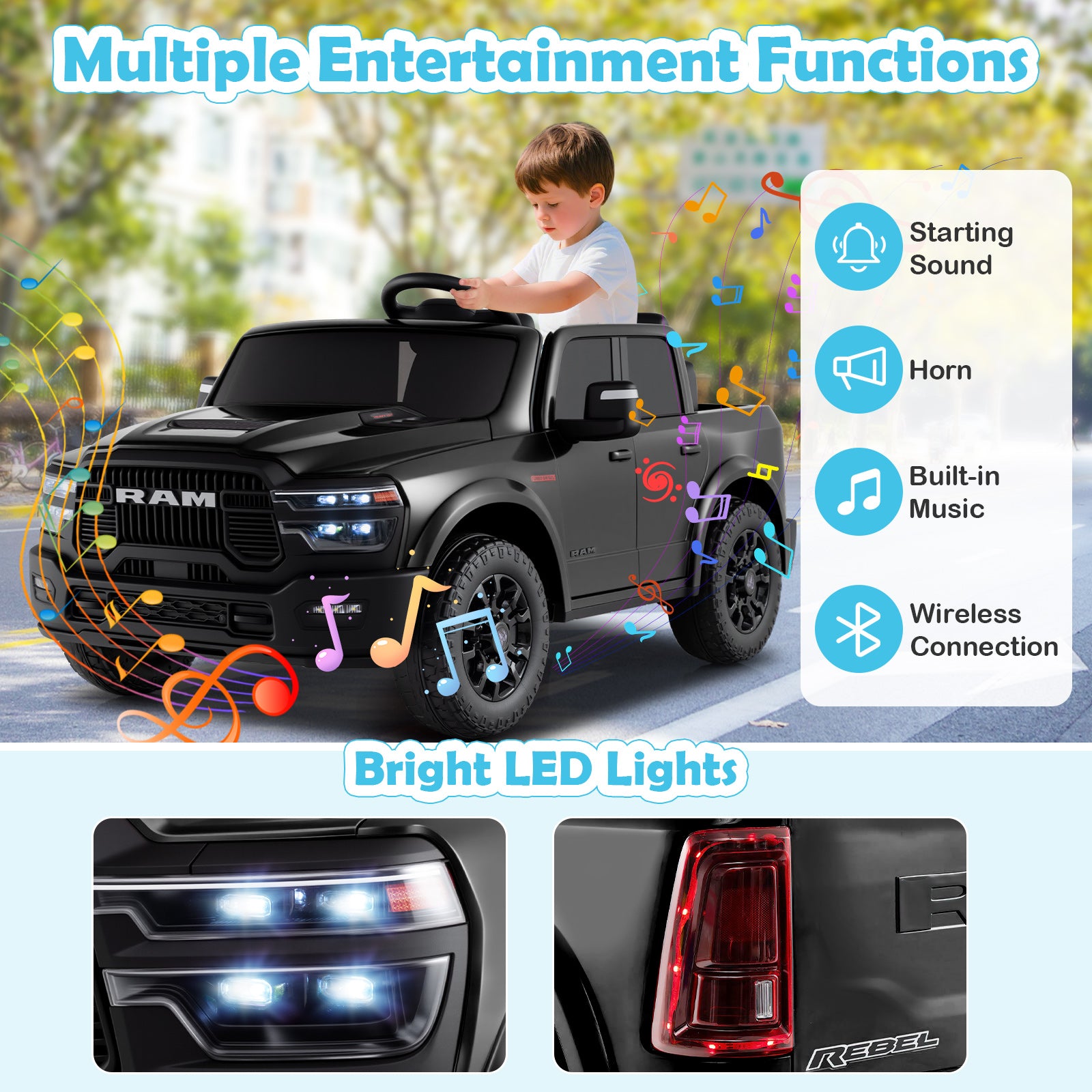 2 Seater 24V Ride On Toy, Licensed Ram Truck, Remote Music, Black Powered Ride On Toys at Gallery Canada