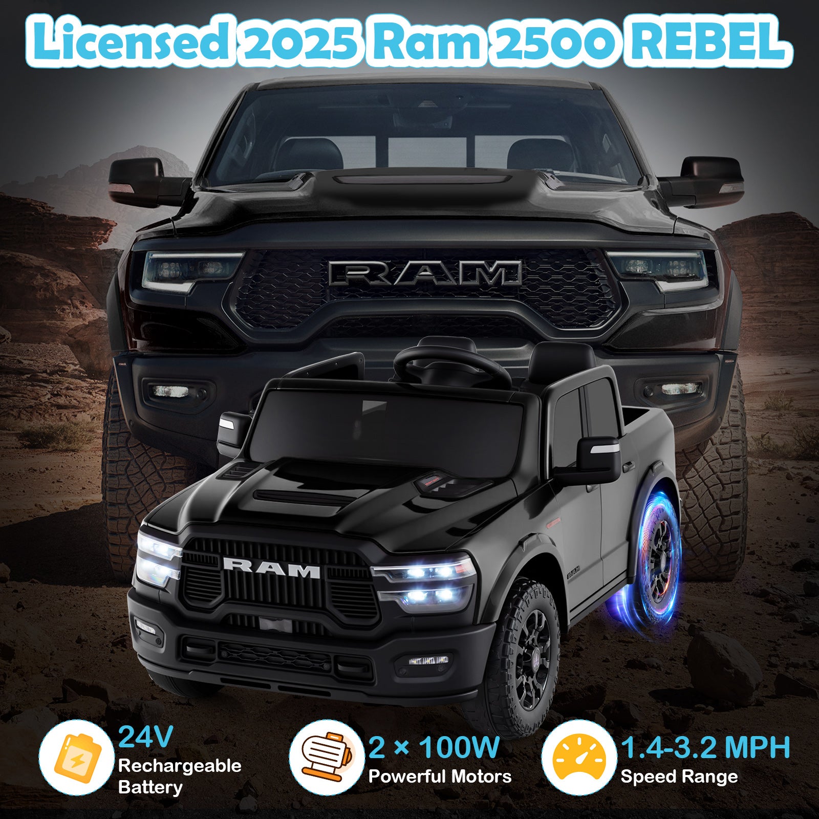2 Seater 24V Ride On Toy, Licensed Ram Truck, Remote Music, Black Powered Ride On Toys at Gallery Canada