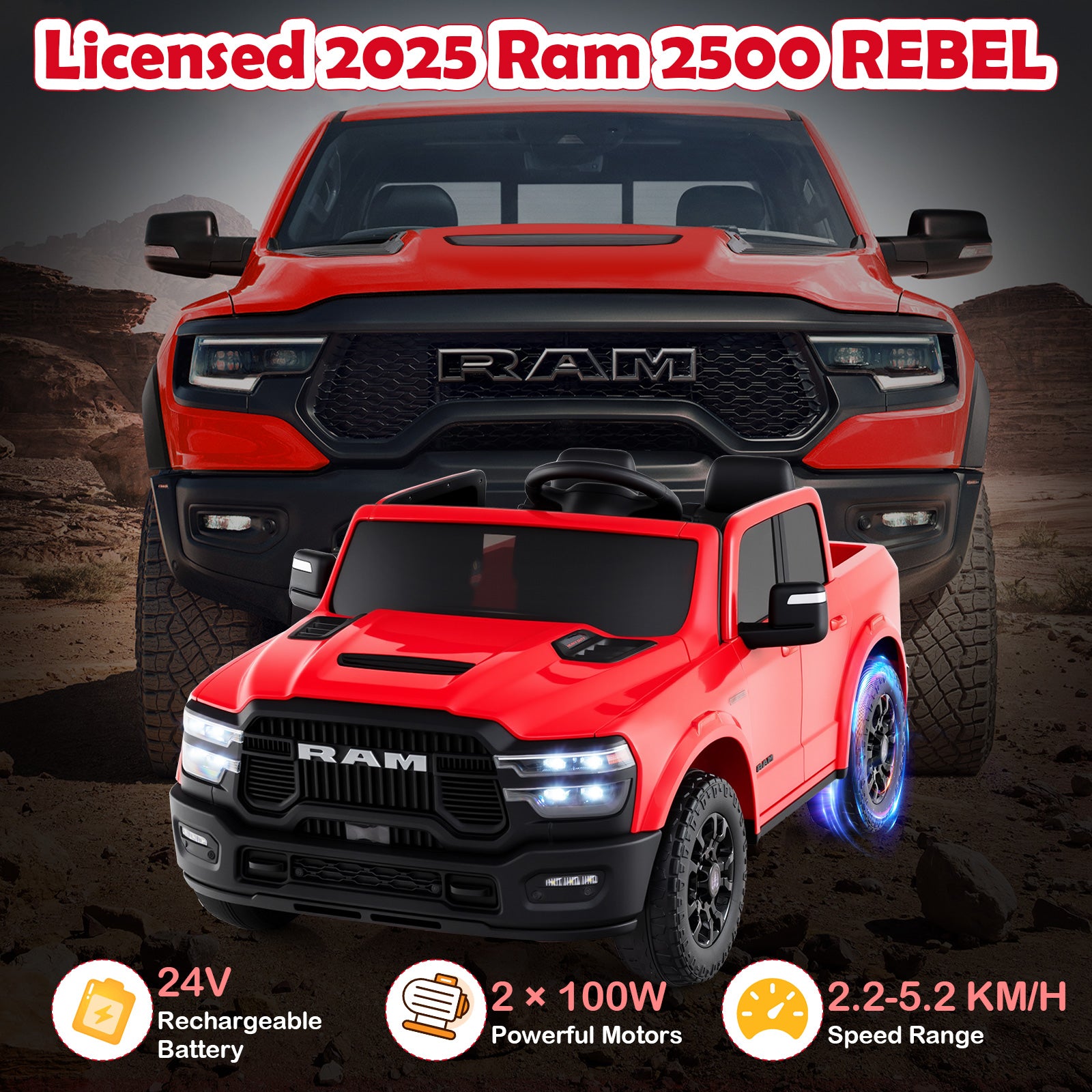 2 Seater 24V Ride On Toy, Licensed Ram Truck, Remote Music, Red Powered Ride On Toys at Gallery Canada