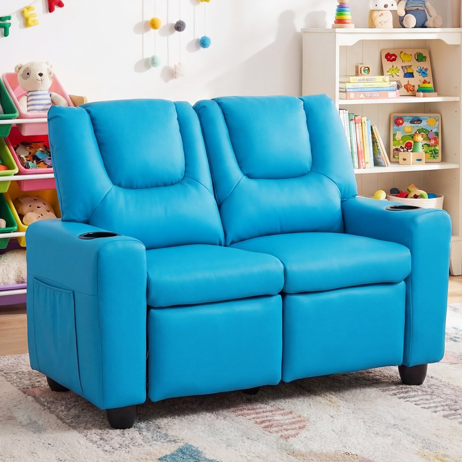 2-Seater Kids Recliner Double Toddler Sofa with 2 Cup Holders, Blue Kids Chairs & Seating at Gallery Canada