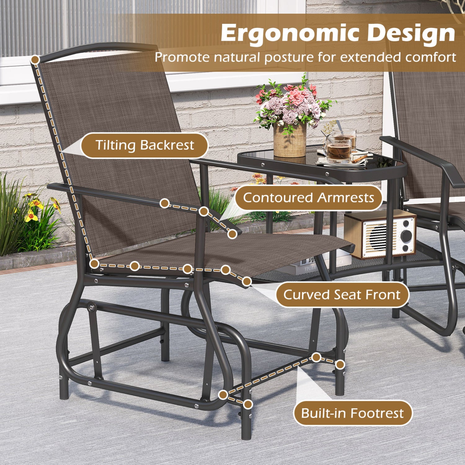 2-Seat Outdoor Glider Bench with Center Table, Brown Patio Rocking Chairs & Gliders at Gallery Canada