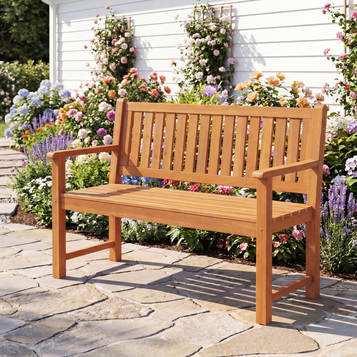 2-Seater Outdoor Wooden Bench with Backrest, Natural Outdoor Benches at Gallery Canada
