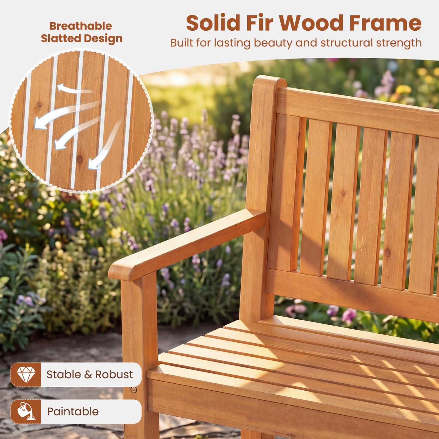 2-Seater Outdoor Wooden Bench with Backrest, Natural Outdoor Benches at Gallery Canada