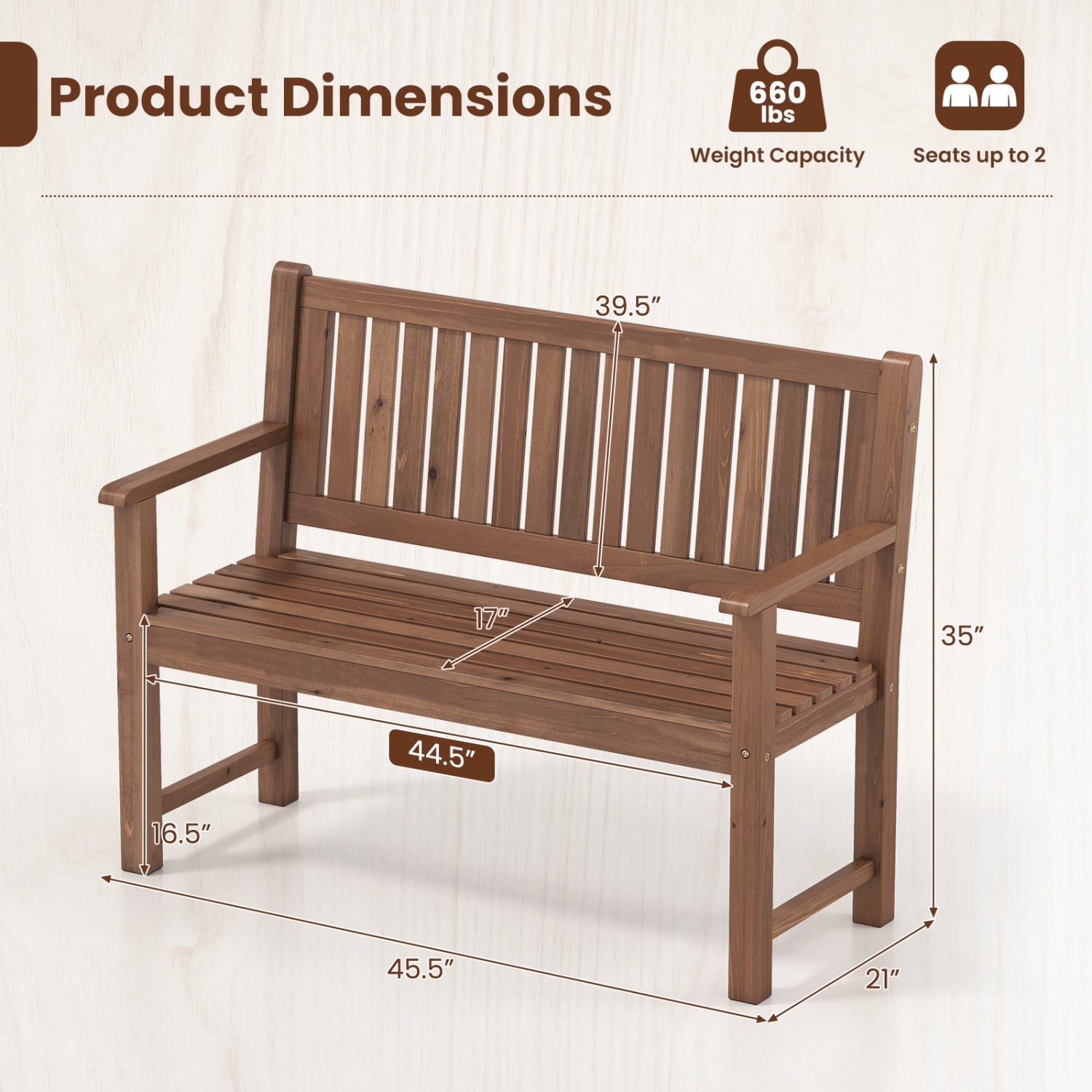 Outdoor Wooden Bench 2-Seater, Brown Outdoor Benches at Gallery Canada