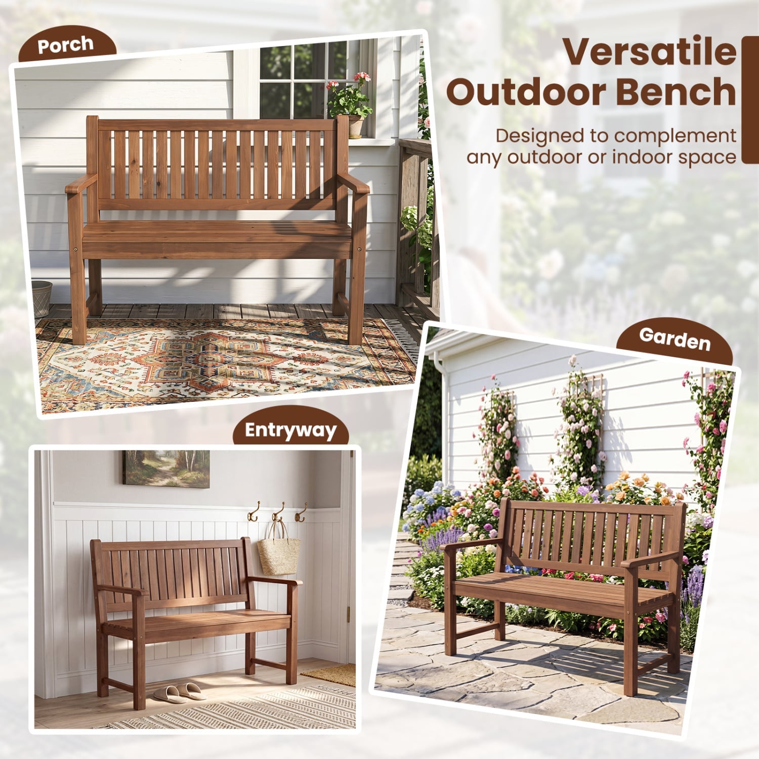 Outdoor Wooden Bench 2-Seater, Brown Outdoor Benches at Gallery Canada