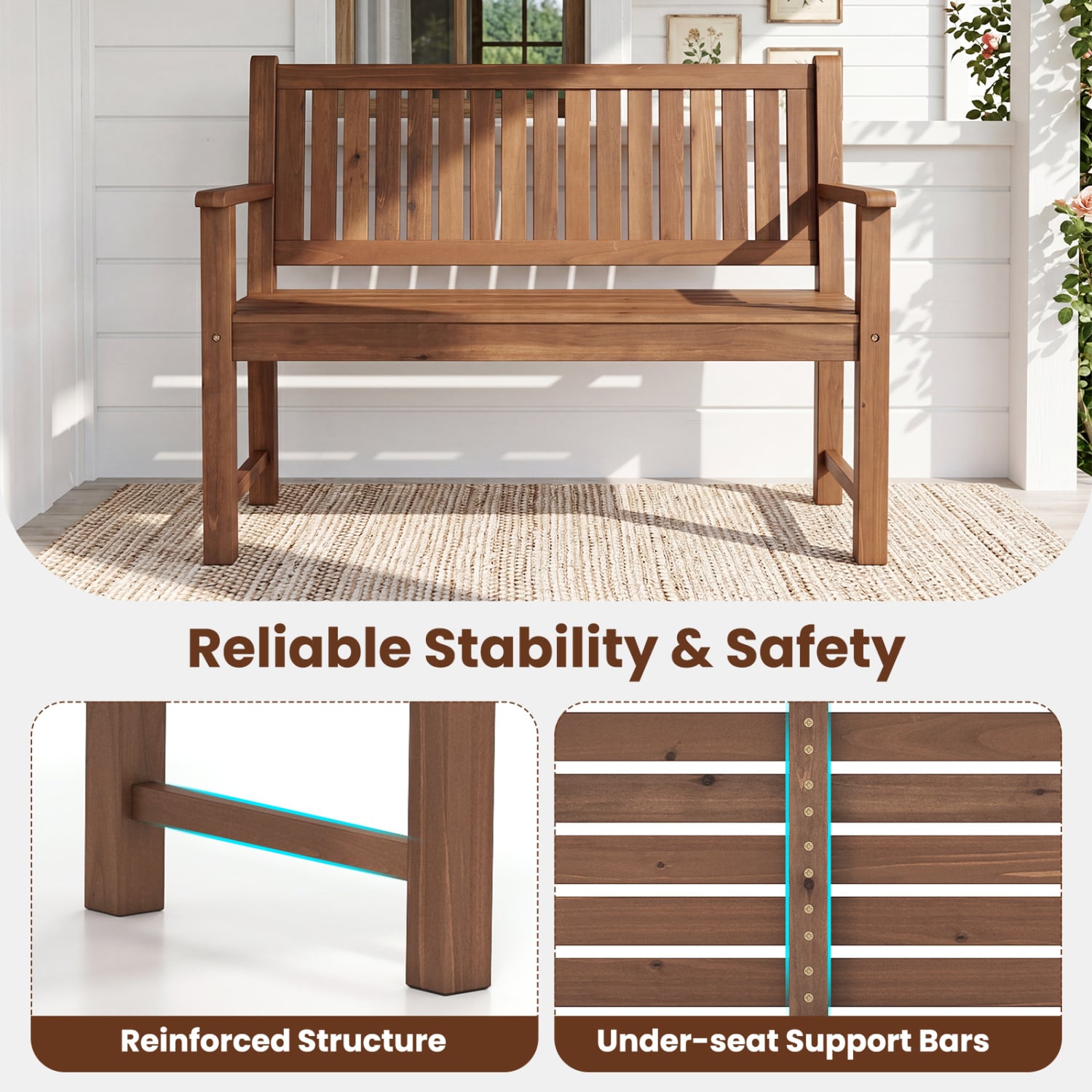 Outdoor Wooden Bench 2-Seater, Brown Outdoor Benches at Gallery Canada