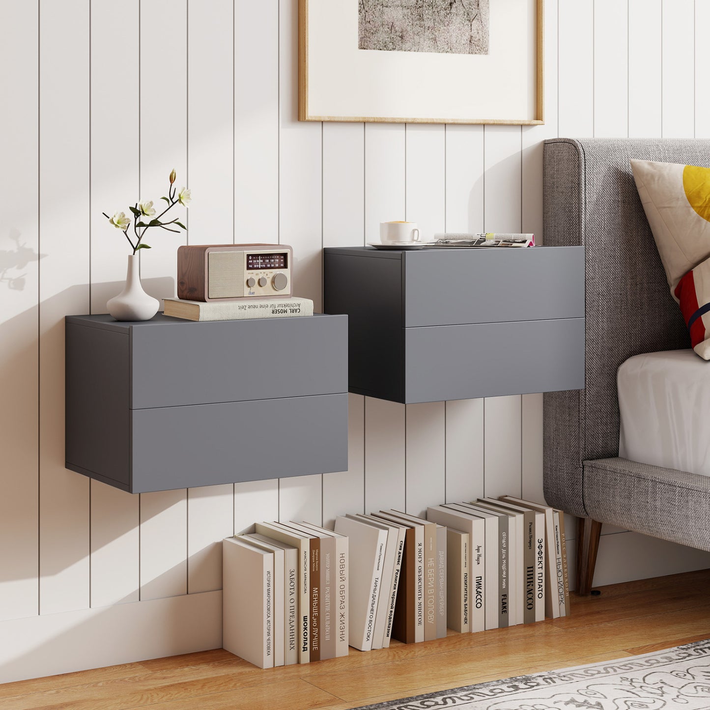 2 Storage Drawers Wall Mounted Floating Nightstand for Bedroom, Gray Nightstands at Gallery Canada