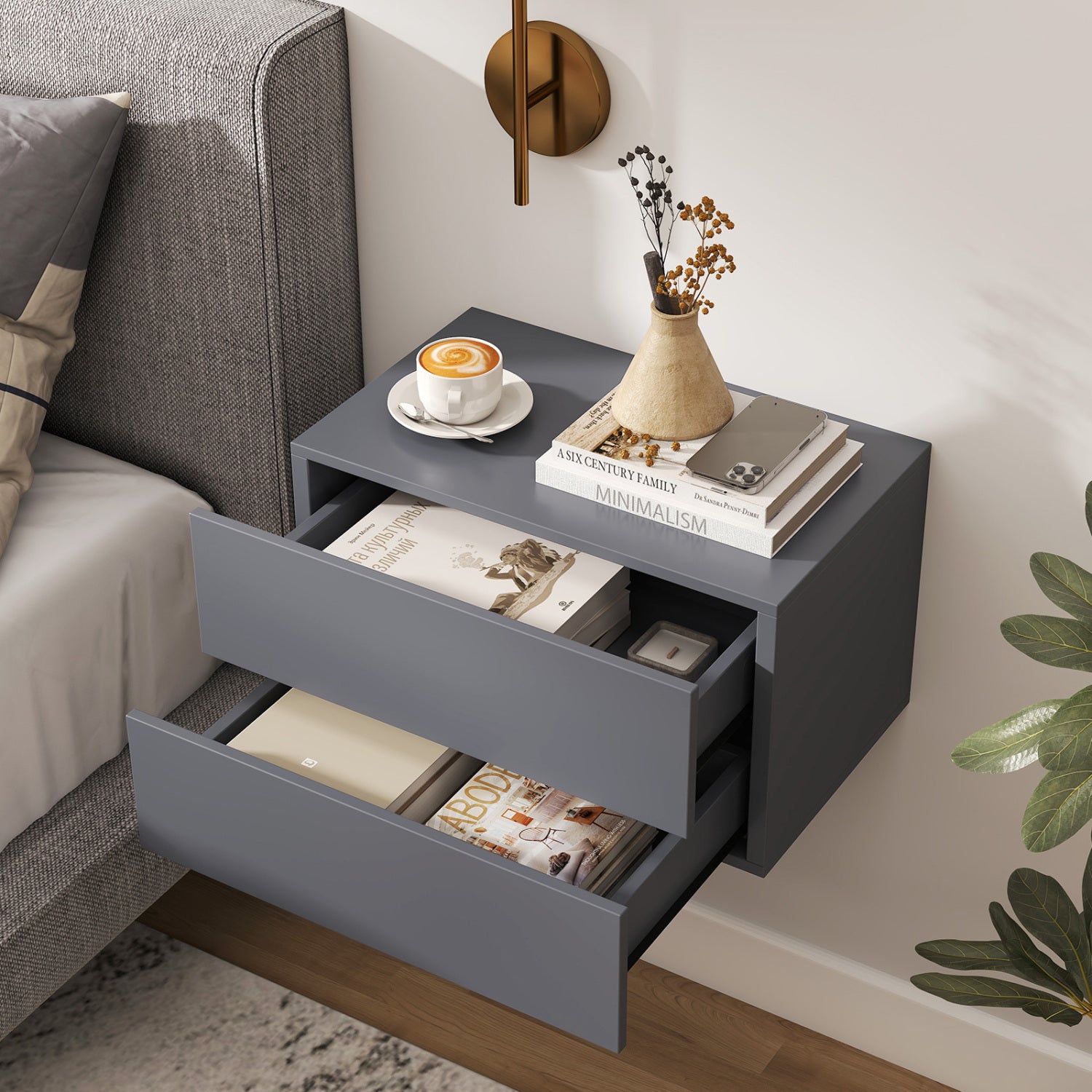 2 Storage Drawers Wall Mounted Floating Nightstand for Bedroom, Gray Nightstands at Gallery Canada