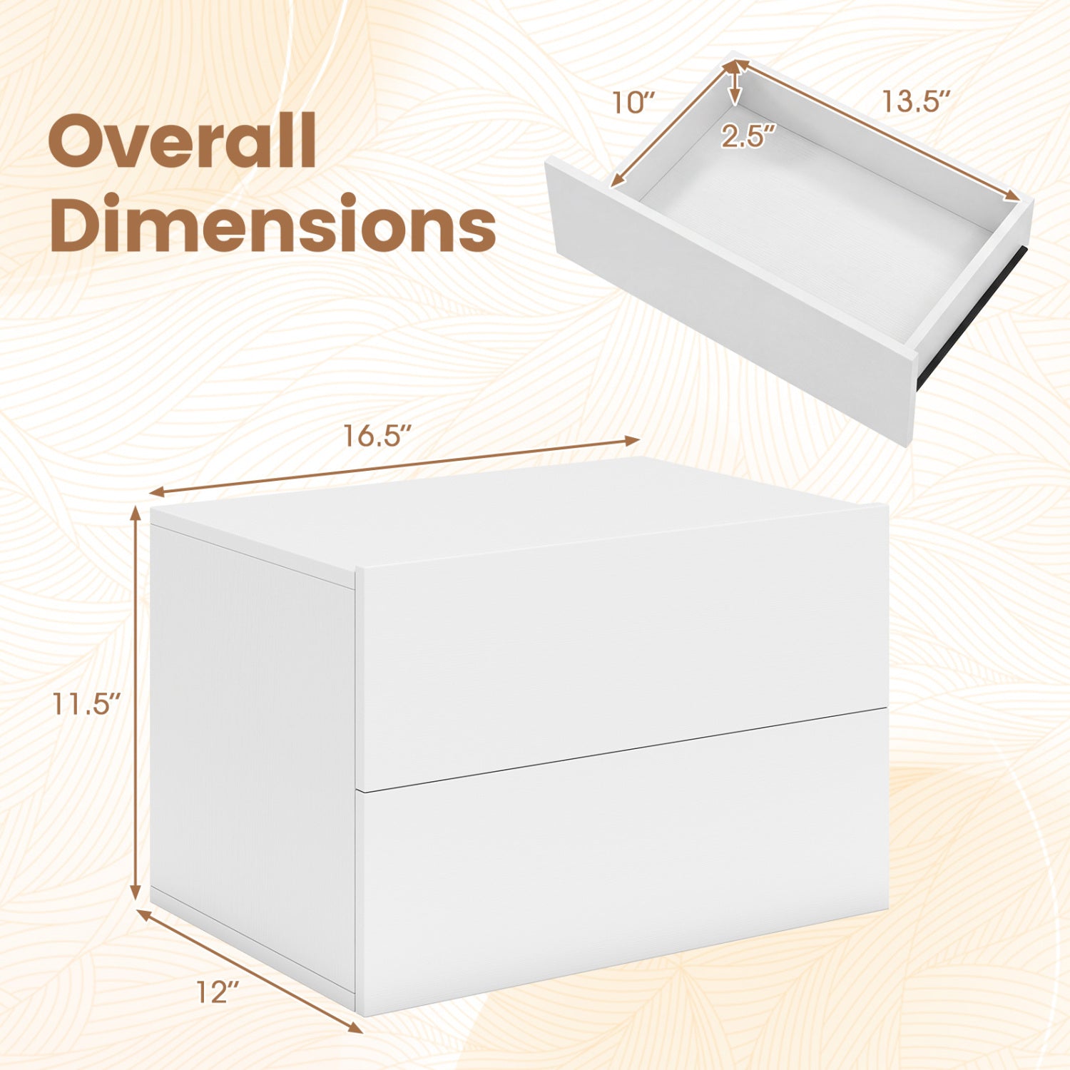 2-Drawer Wall Mounted Floating Nightstand, White Nightstands at Gallery Canada