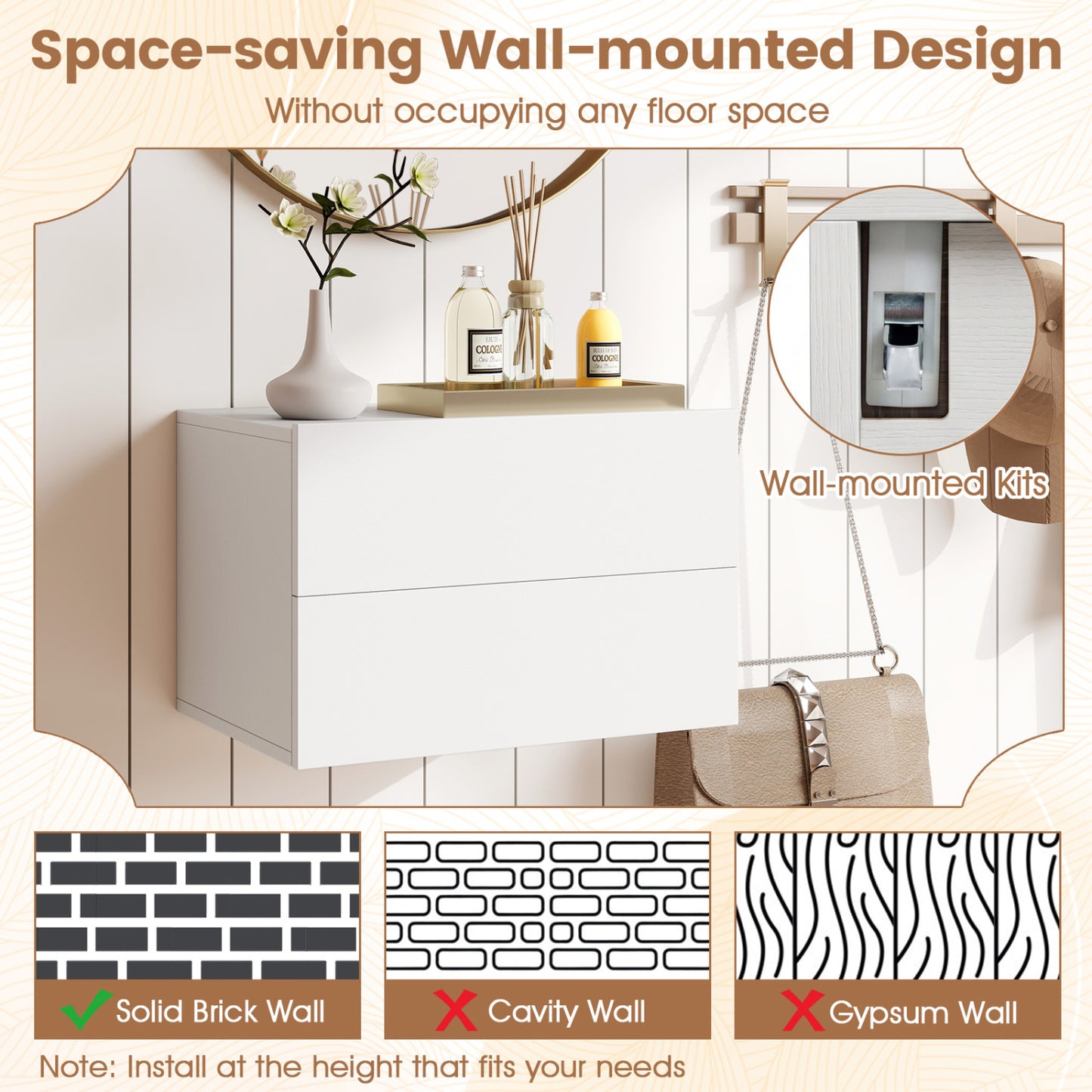 2-Drawer Wall Mounted Floating Nightstand, White Nightstands at Gallery Canada