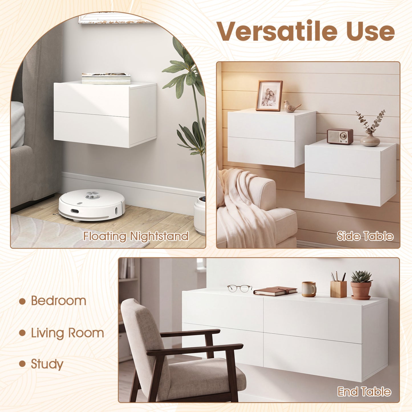2-Drawer Wall Mounted Floating Nightstand, White Nightstands at Gallery Canada