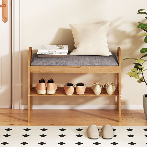 2-Tier Bamboo Shoe Bench with Storage and Padded Cushion, Gray