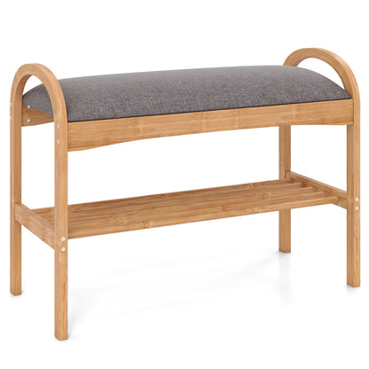 2-Tier Bamboo Shoe Bench with Padded Cushion and Shelf, Gray Shoe Racks & Storage Benches Gray at Gallery Canada