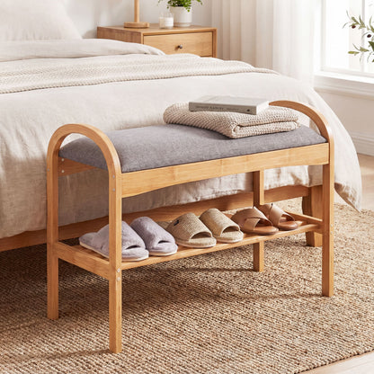 2-Tier Bamboo Shoe Bench with Padded Cushion and Shelf, Gray Shoe Racks & Storage Benches at Gallery Canada