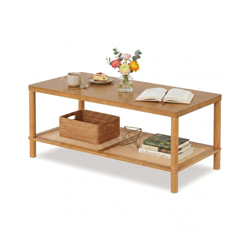 2-Tier Boho Coffee Table for Living Room Rectangular Center Table with Rubber Wood Frame and PVC Rattan Storage Shelf, Rustic Brown