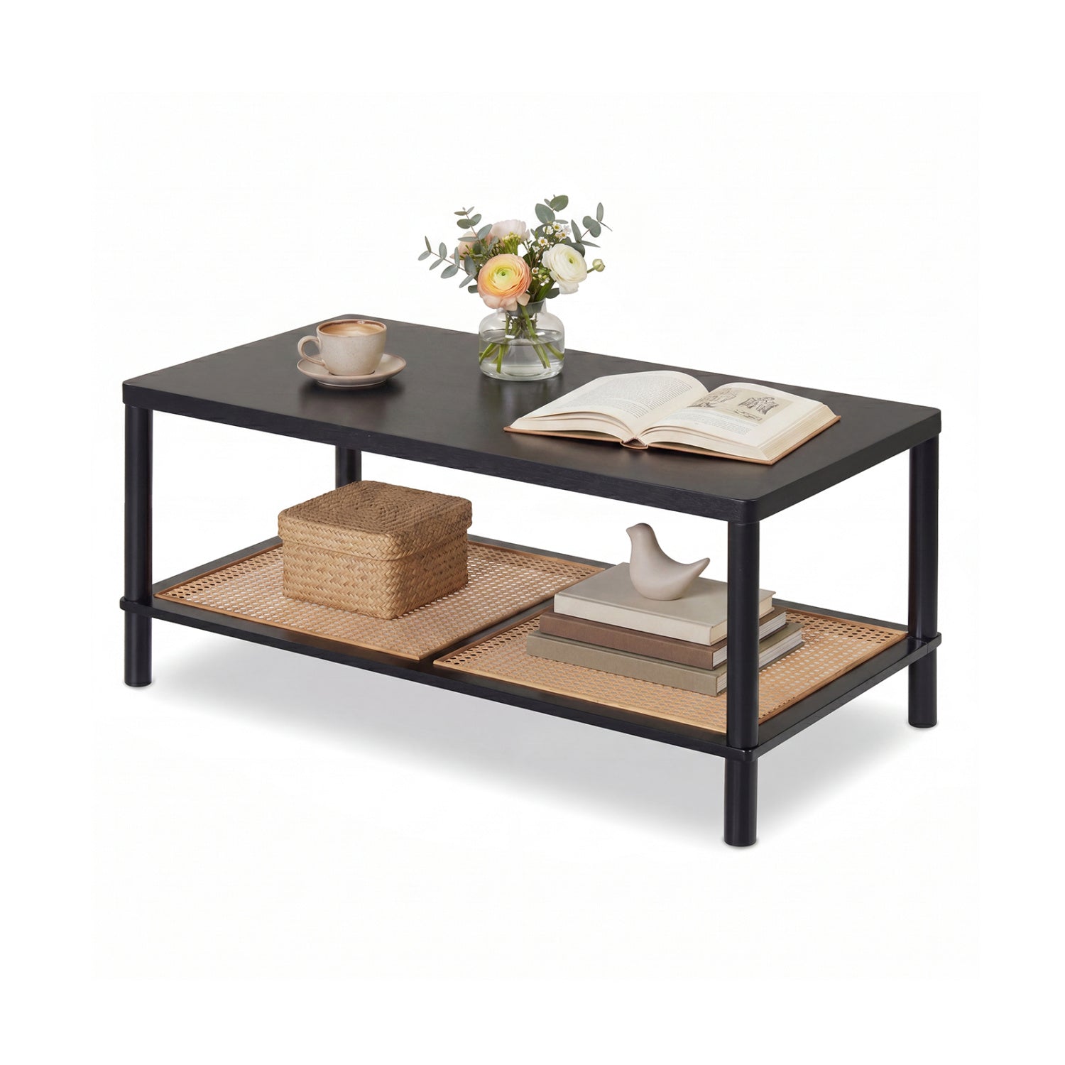 2-Tier Boho Coffee Table, Rubber Wood Frame, PVC Rattan Shelf, Black Coffee Tables at Gallery Canada