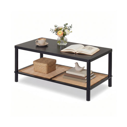 2-Tier Boho Coffee Table, Rubber Wood Frame, PVC Rattan Shelf, Black