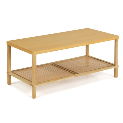 2-Tier Boho Coffee Table, Rectangular, PVC Rattan Shelf, Rubber Wood, Natural Coffee Tables at Gallery Canada