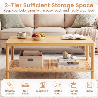 2-Tier Boho Coffee Table, Rectangular, PVC Rattan Shelf, Rubber Wood, Natural Coffee Tables at Gallery Canada