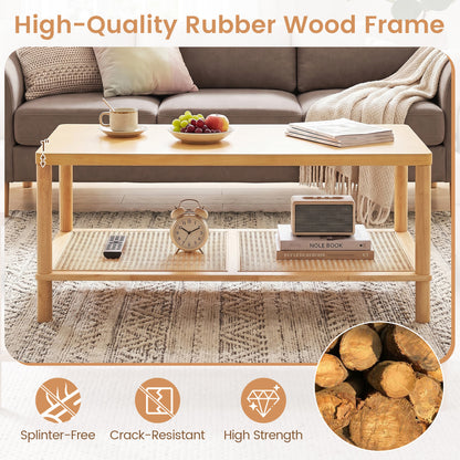 2-Tier Boho Coffee Table, Rectangular, PVC Rattan Shelf, Rubber Wood, Natural Coffee Tables at Gallery Canada