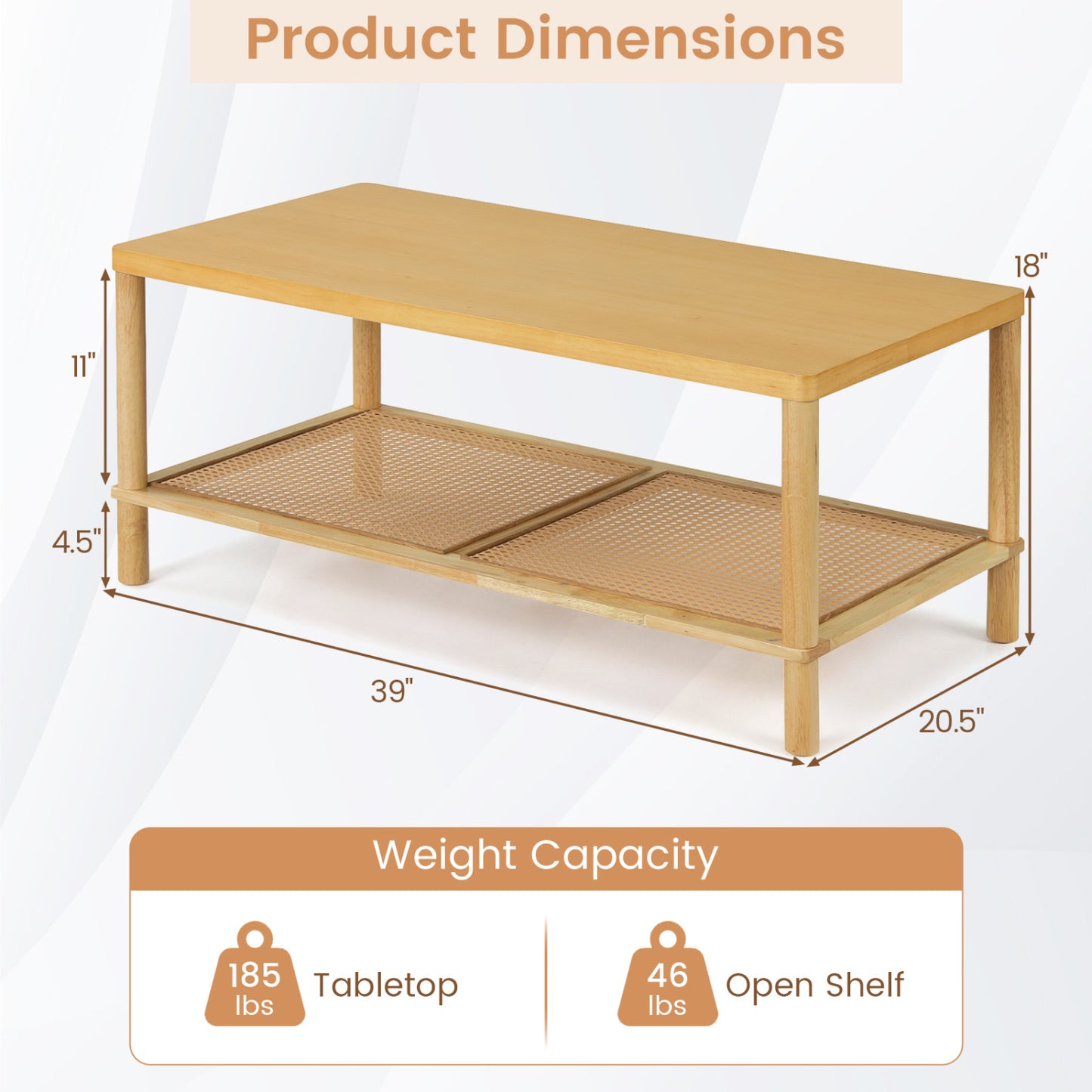 2-Tier Boho Coffee Table, Rectangular, PVC Rattan Shelf, Rubber Wood, Natural Coffee Tables at Gallery Canada