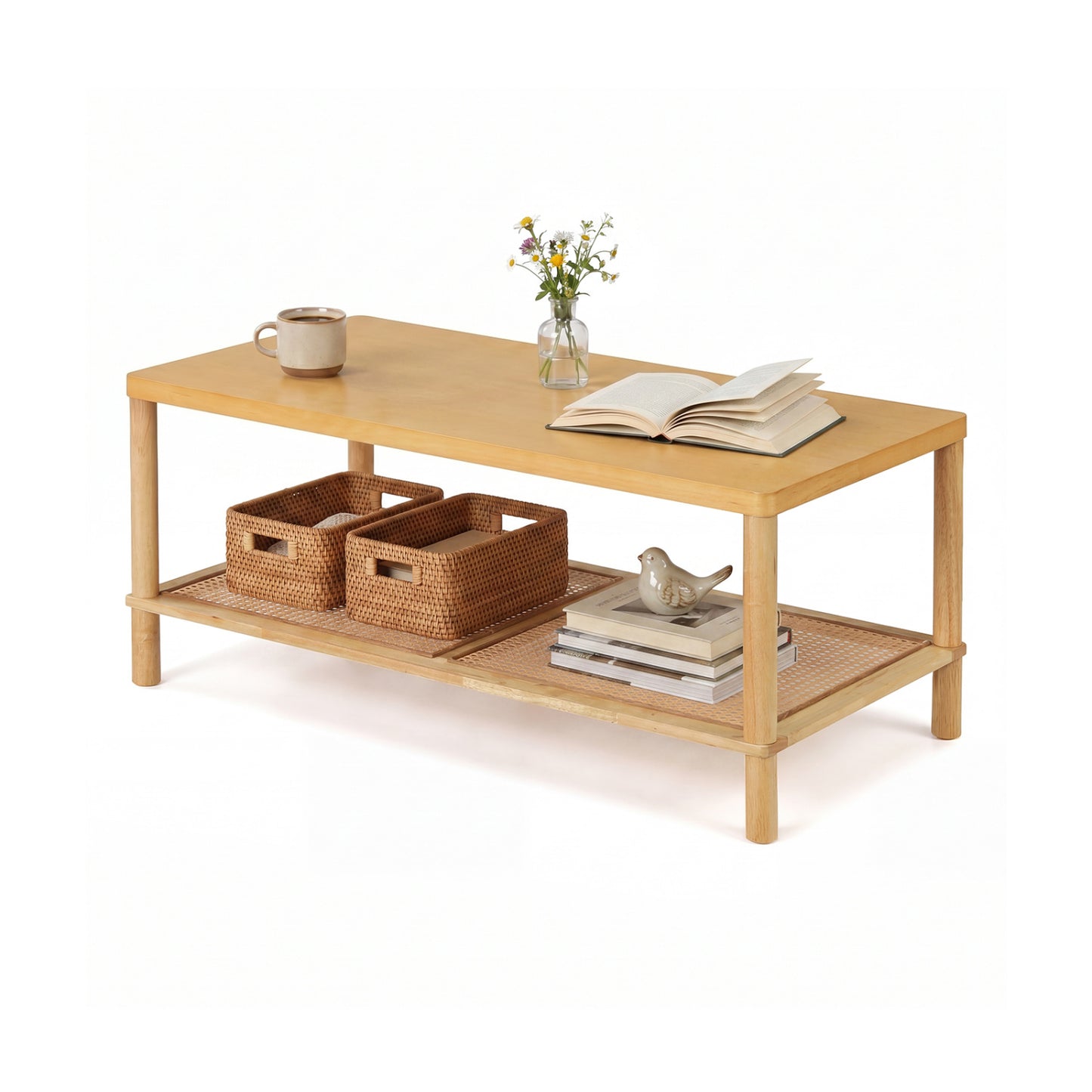 2-Tier Boho Coffee Table, Rectangular, PVC Rattan Shelf, Rubber Wood, Natural Coffee Tables at Gallery Canada