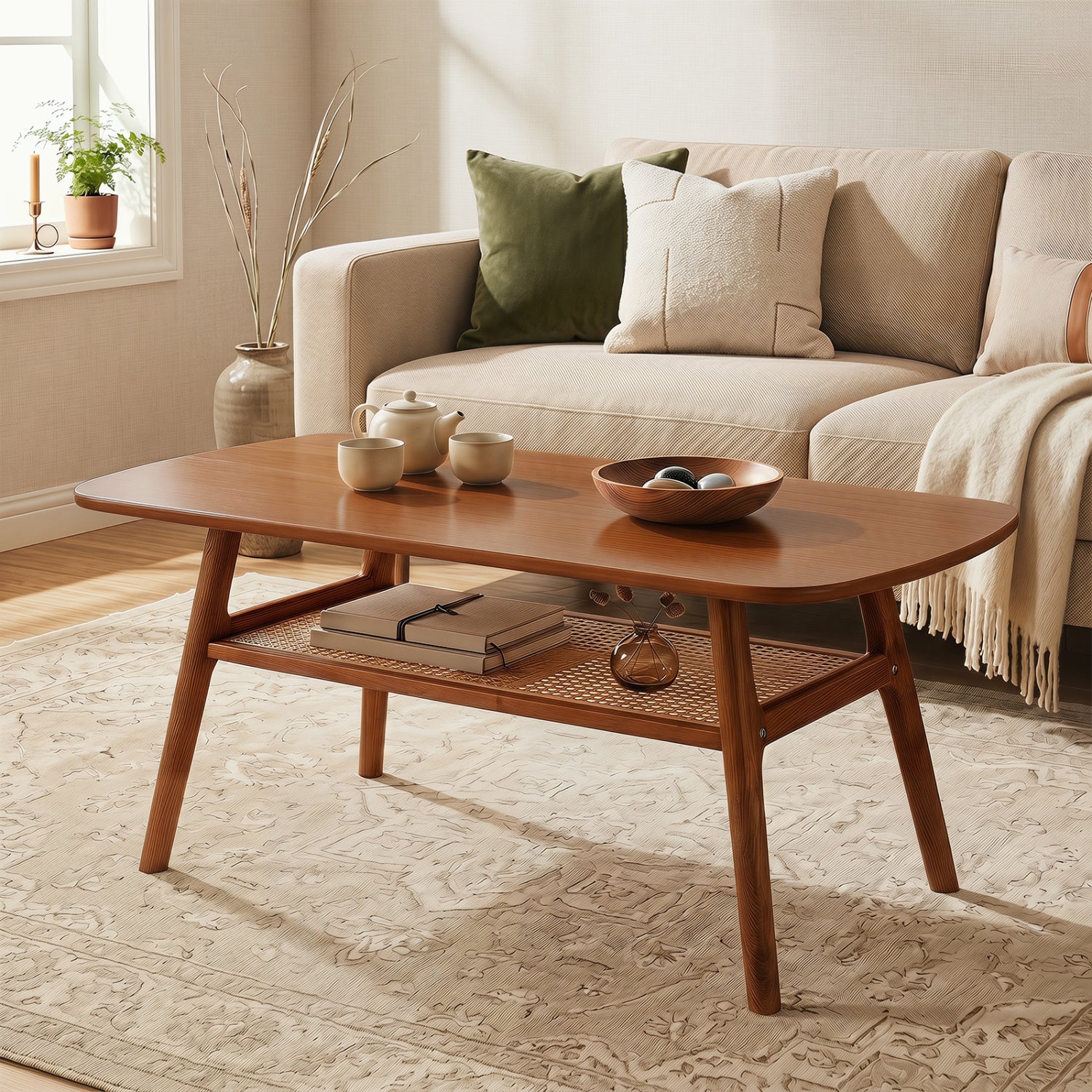 2-Tier Boho Rattan Coffee Table, Walnut Coffee Tables at Gallery Canada