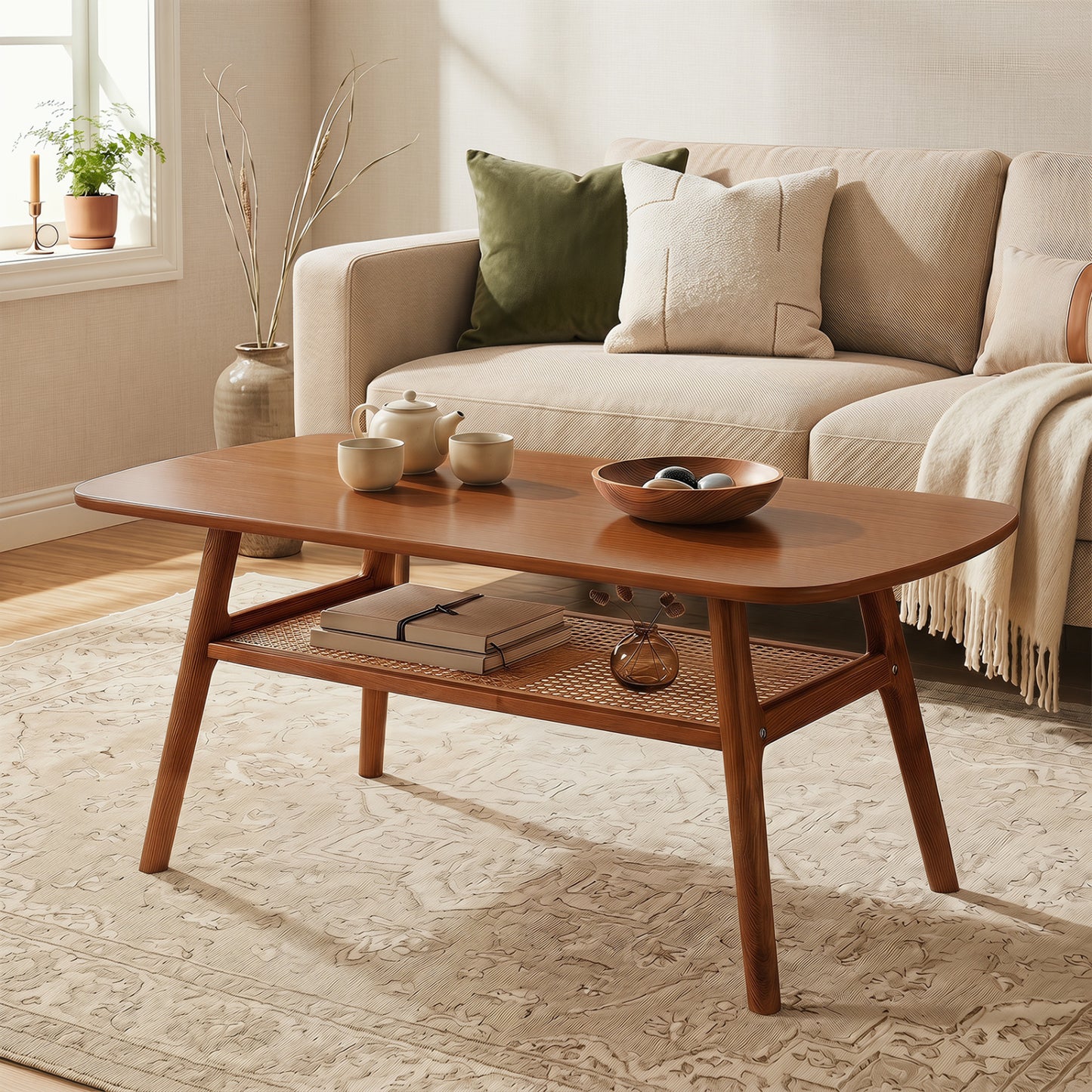 2-Tier Boho Rattan Coffee Table, Walnut Coffee Tables at Gallery Canada