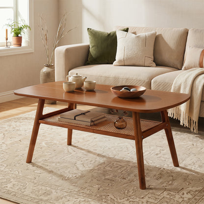 2-Tier Boho Rattan Coffee Table, Walnut Coffee Tables at Gallery Canada