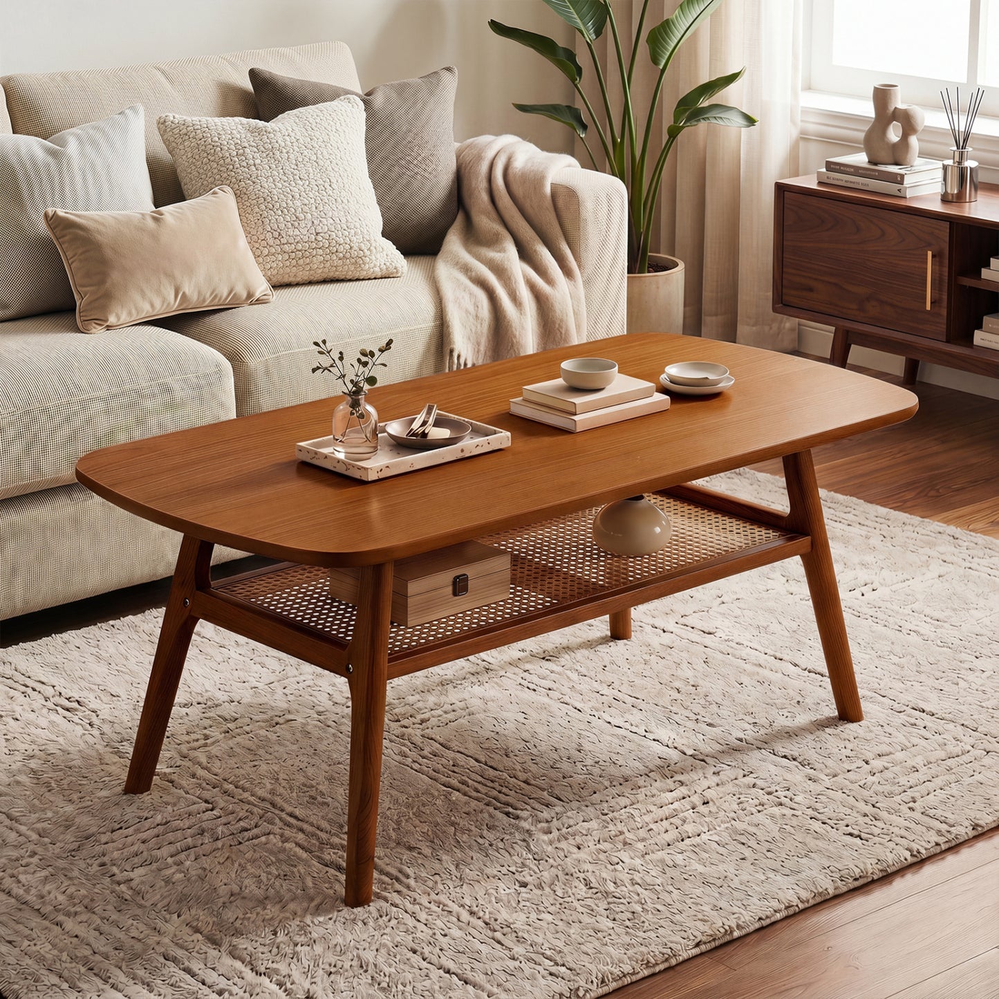 2-Tier Boho Rattan Coffee Table, Walnut Coffee Tables at Gallery Canada