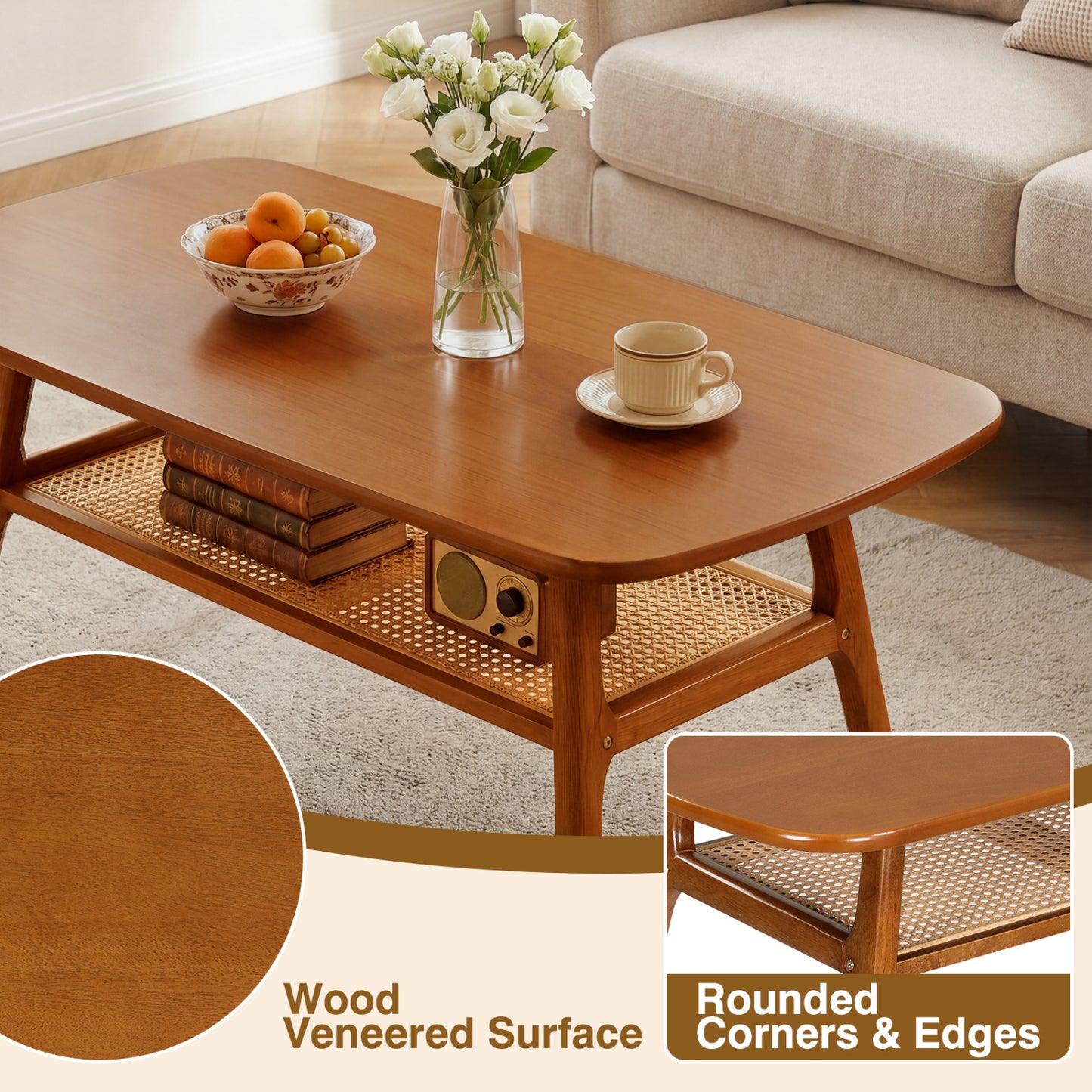 2-Tier Boho Rattan Coffee Table, Walnut Coffee Tables at Gallery Canada
