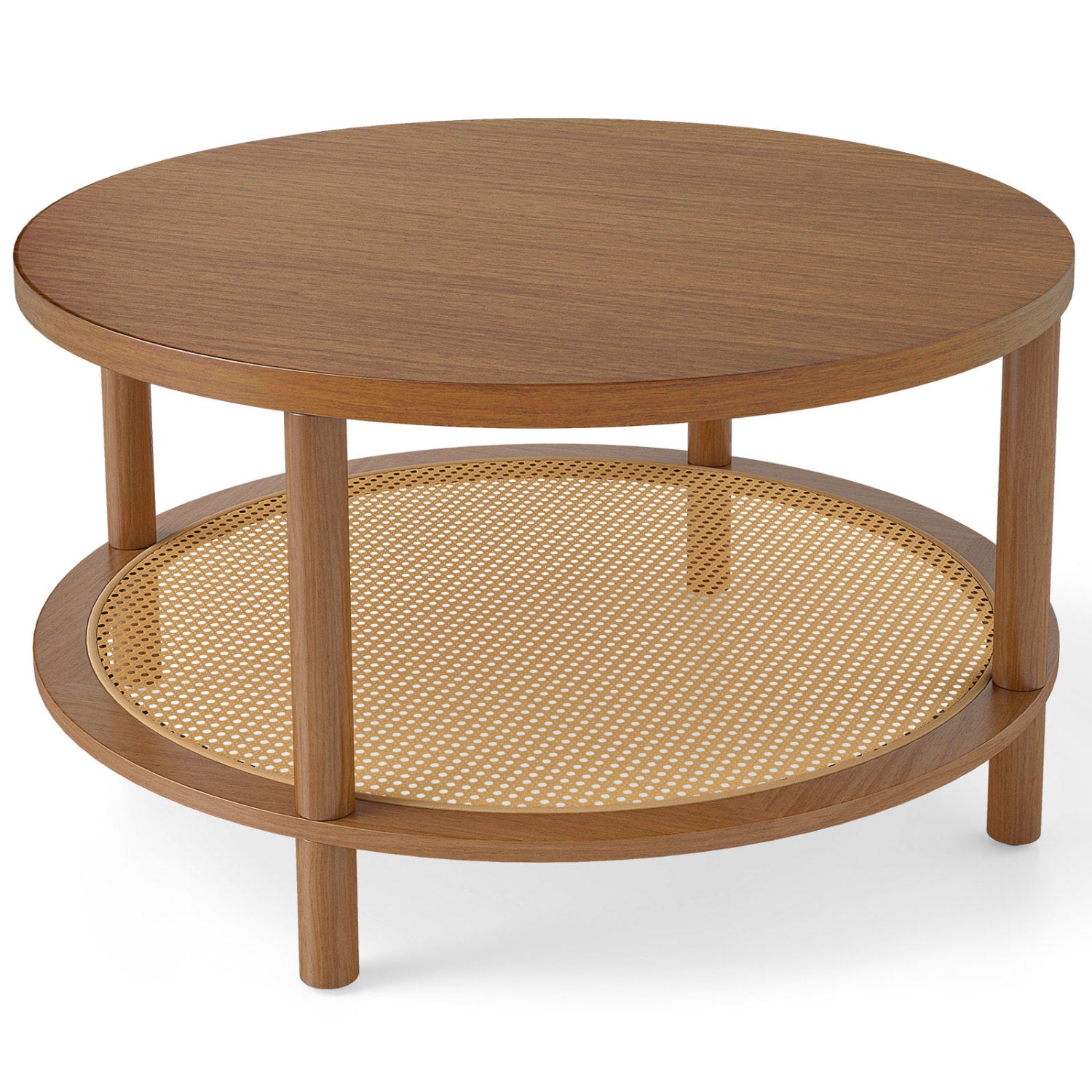 2-Tier Boho Round Rattan Coffee Table with Storage Shelf, Walnut Coffee Tables at Gallery Canada