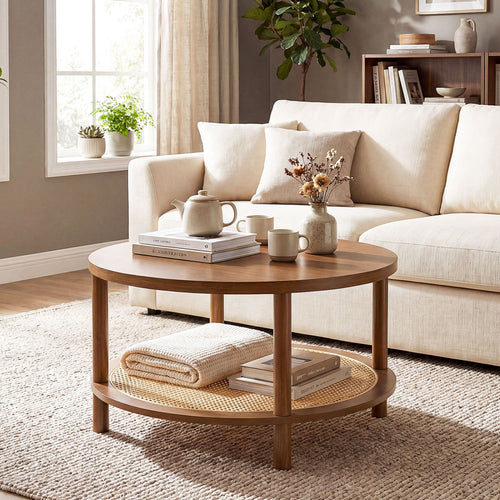 2-Tier Boho Round Rattan Coffee Table with Storage Shelf, Walnut