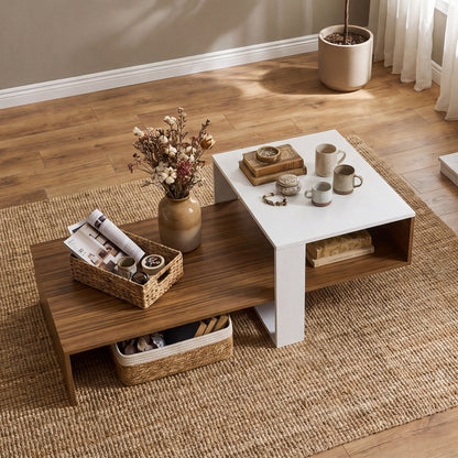 2-Tier Irregular Coffee Table With Open Shelf, Brown & White Coffee Tables at Gallery Canada