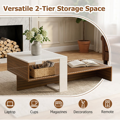 2-Tier Irregular Coffee Table With Open Shelf, Brown & White Coffee Tables at Gallery Canada