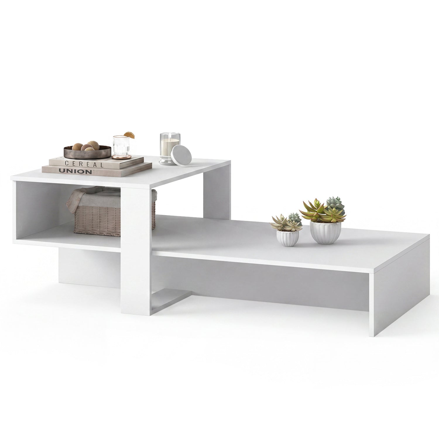 2-Tier Modern Coffee Table With Open Shelf, White Coffee Tables White at Gallery Canada