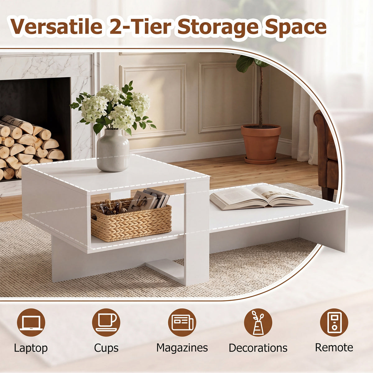 2-Tier Modern Coffee Table With Open Shelf, White Coffee Tables at Gallery Canada