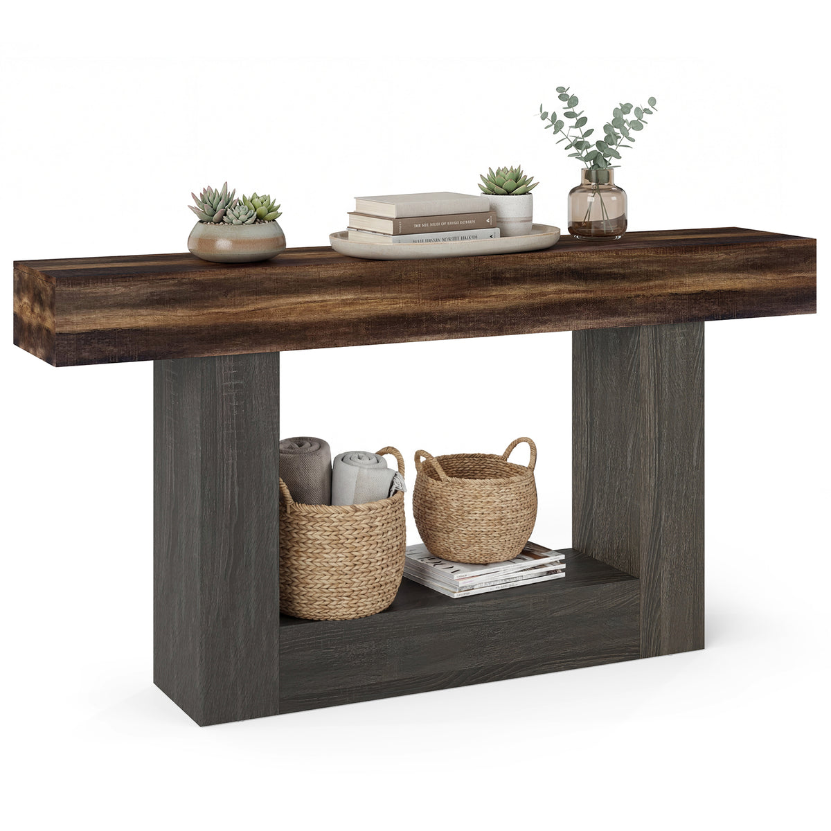 2-Tier Farmhouse Console Table, 63" Long, Storage Shelf, Rustic Brown Console Tables at Gallery Canada