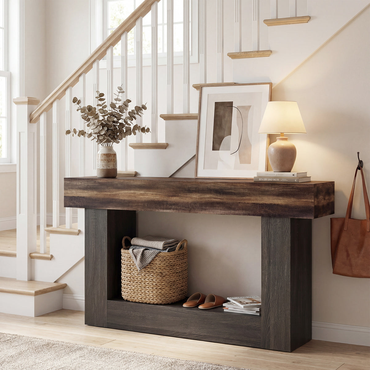 2-Tier Farmhouse Console Table, 63" Long, Storage Shelf, Rustic Brown Console Tables at Gallery Canada