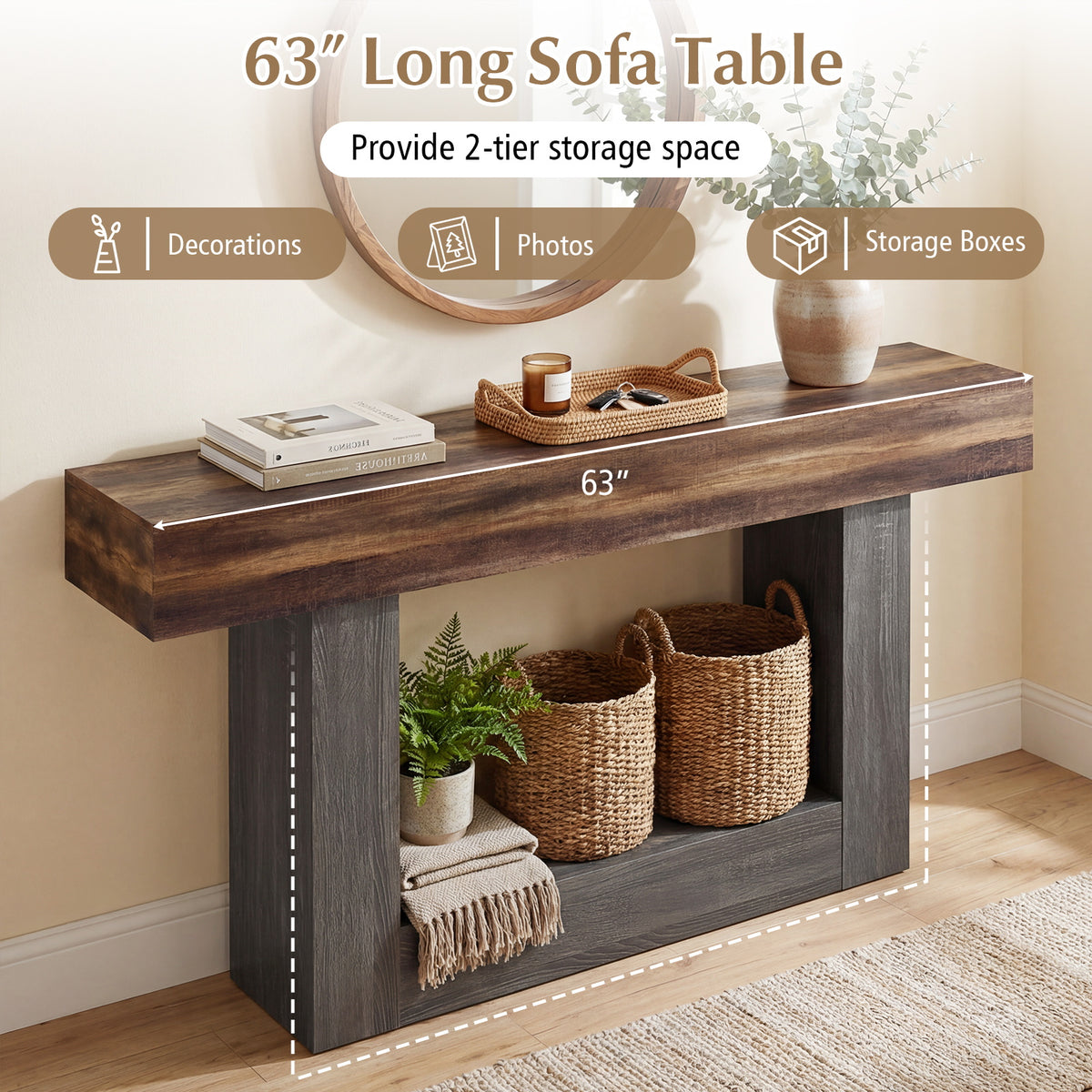 2-Tier Farmhouse Console Table, 63" Long, Storage Shelf, Rustic Brown Console Tables at Gallery Canada
