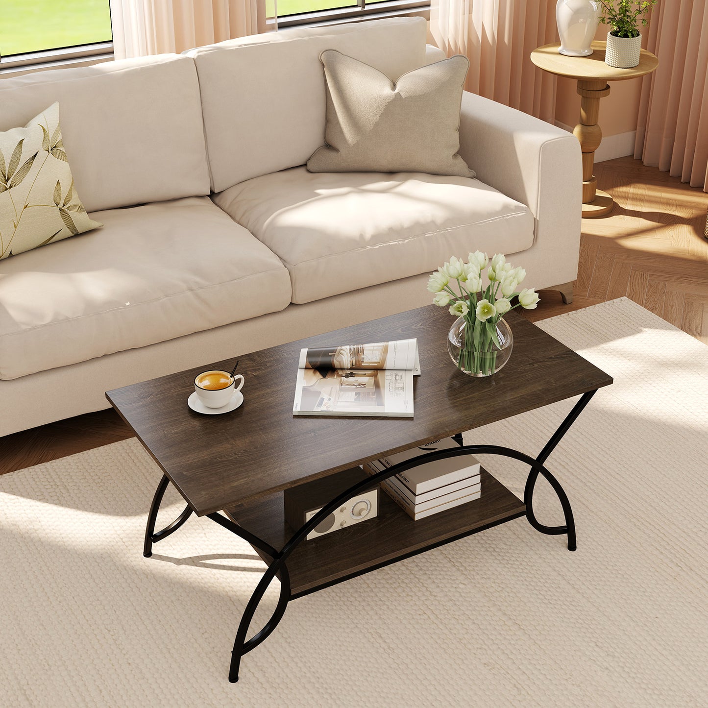 2-Tier Faux Marble Coffee Table with Marble Top and Metal Frame, Oak Coffee Tables at Gallery Canada
