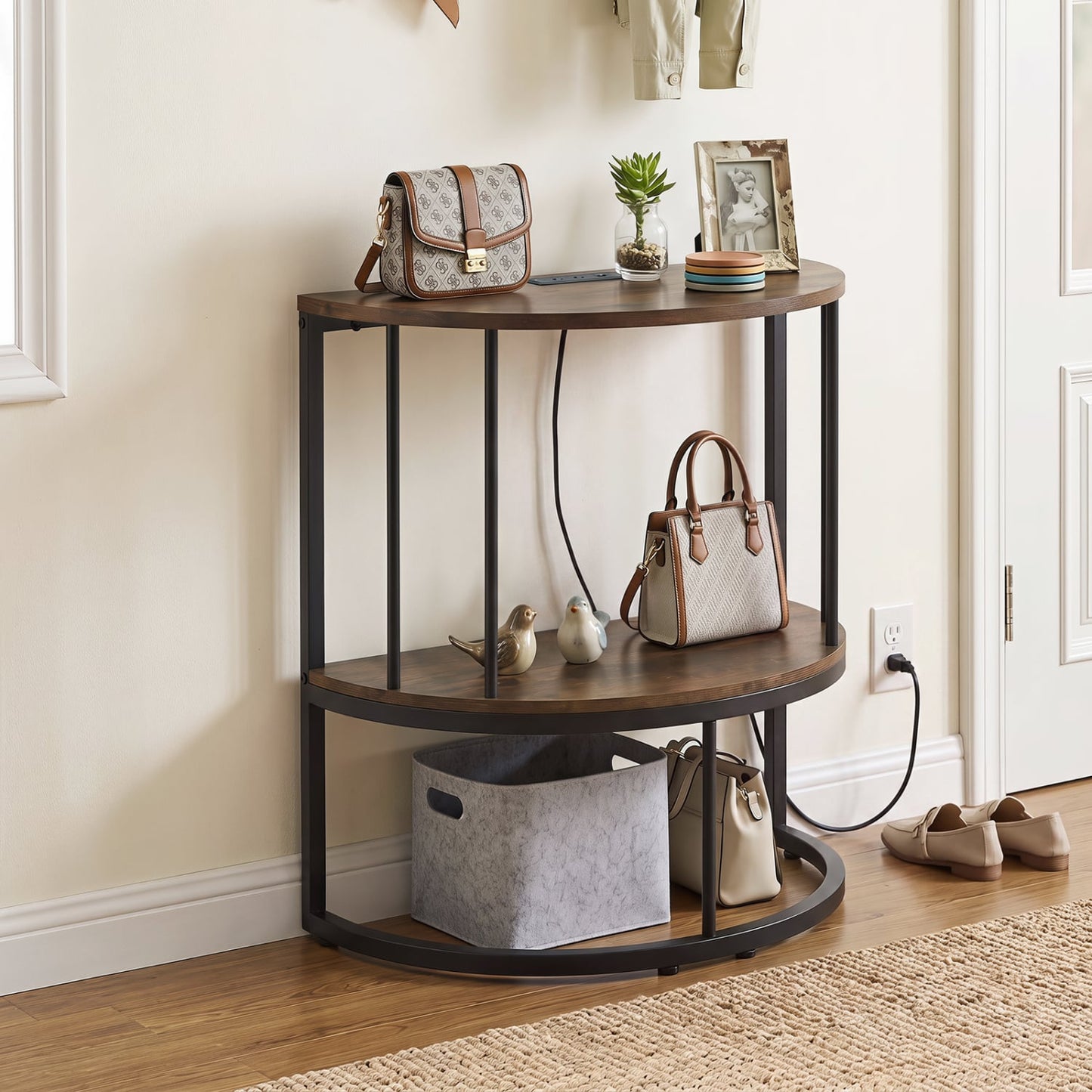 2-Tier Half Moon Console Table with Power Outlets, Brown Console Tables at Gallery Canada