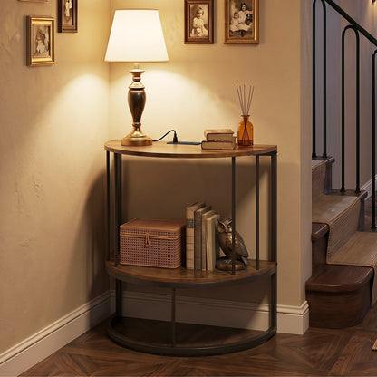 2-Tier Half Moon Console Table with Power Outlets, Brown Console Tables at Gallery Canada