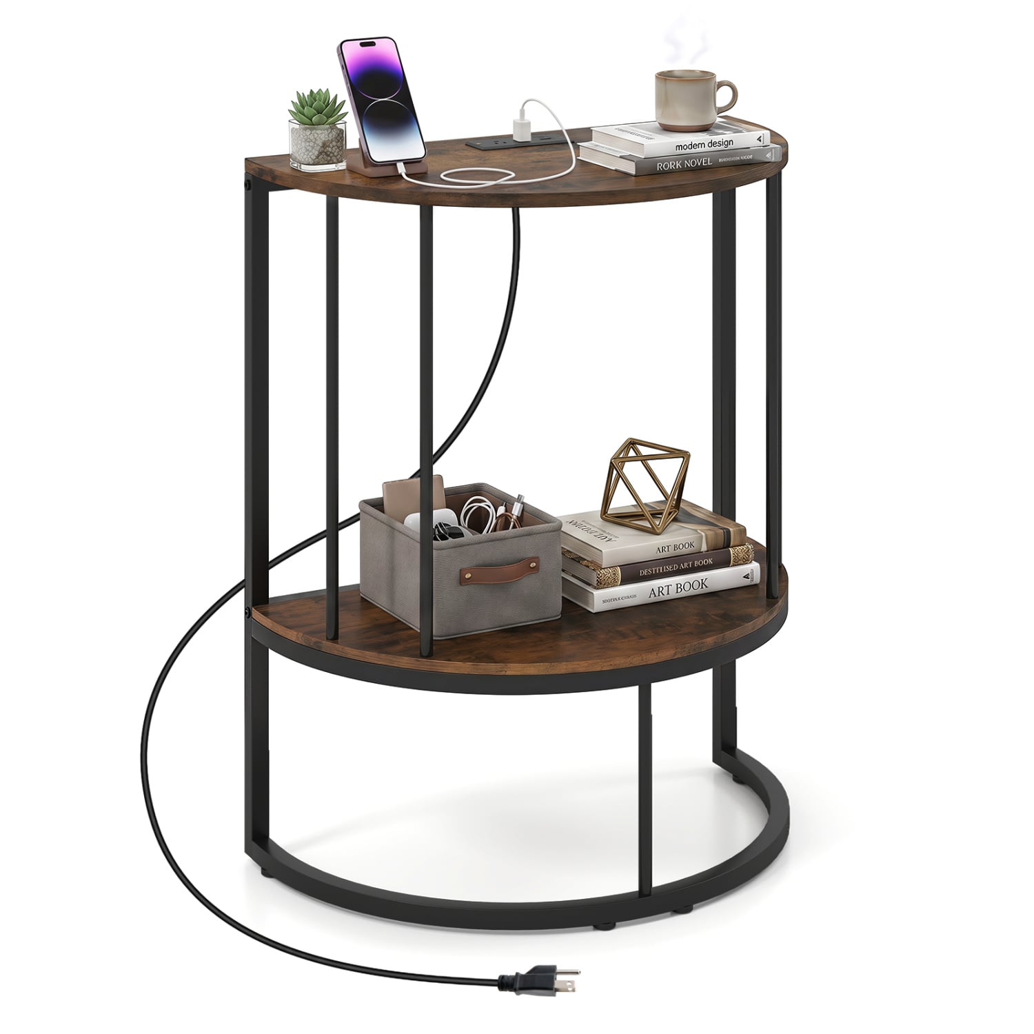 2-Tier Half Moon Console Table with Power Outlets, Brown Console Tables Rustic Brown at Gallery Canada