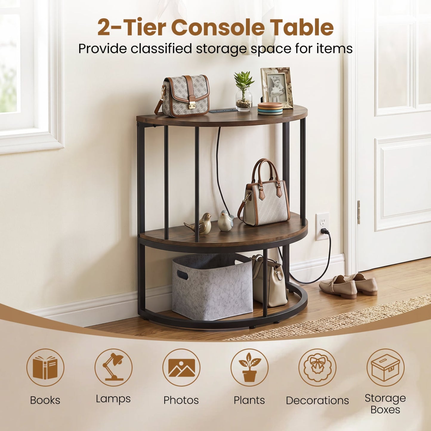 2-Tier Half Moon Console Table with Power Outlets, Brown Console Tables at Gallery Canada