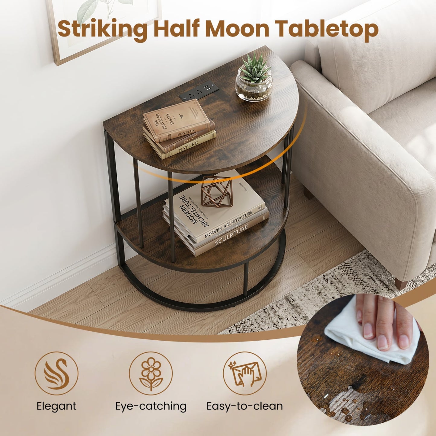 2-Tier Half Moon Console Table with Power Outlets, Brown Console Tables at Gallery Canada