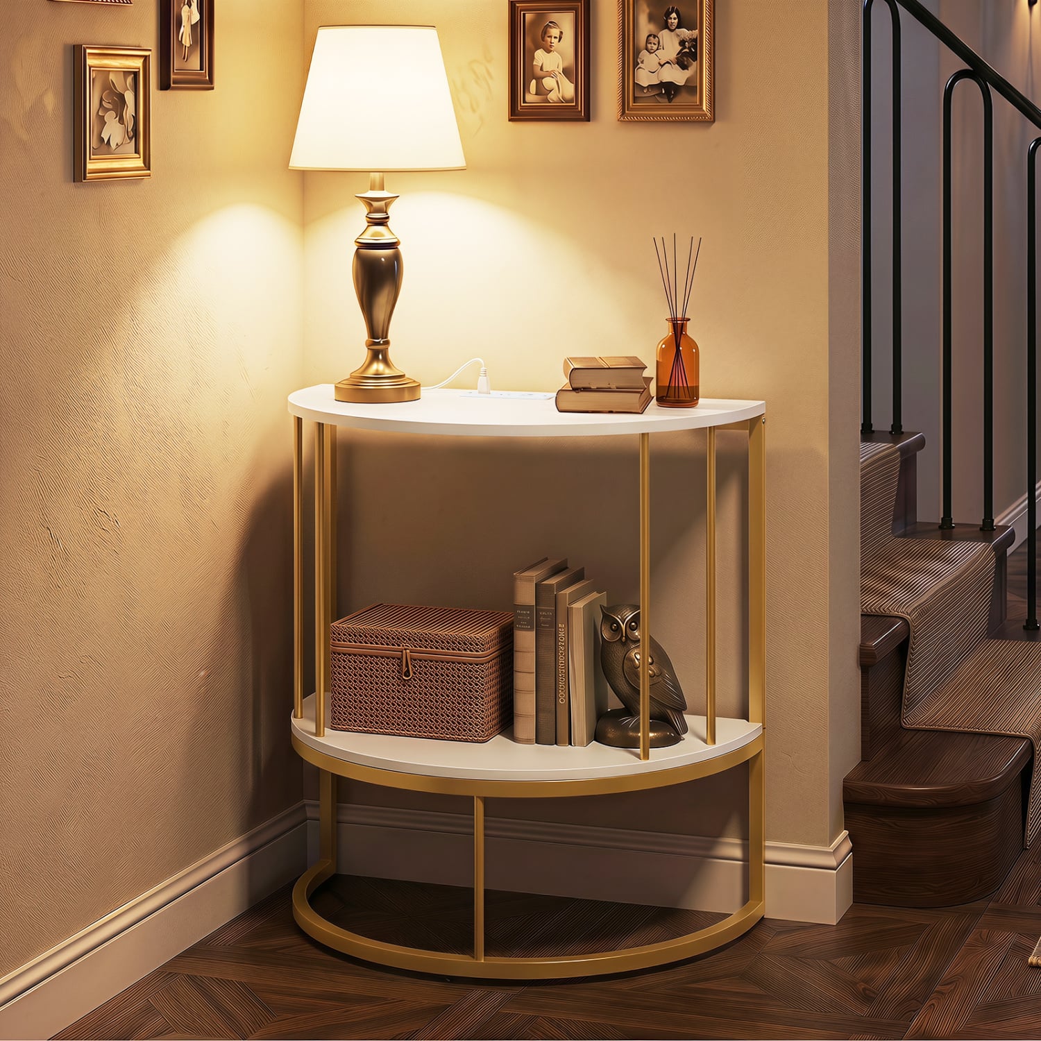 2-Tier Half Moon Console Table with Power Outlets, White Console Tables at Gallery Canada